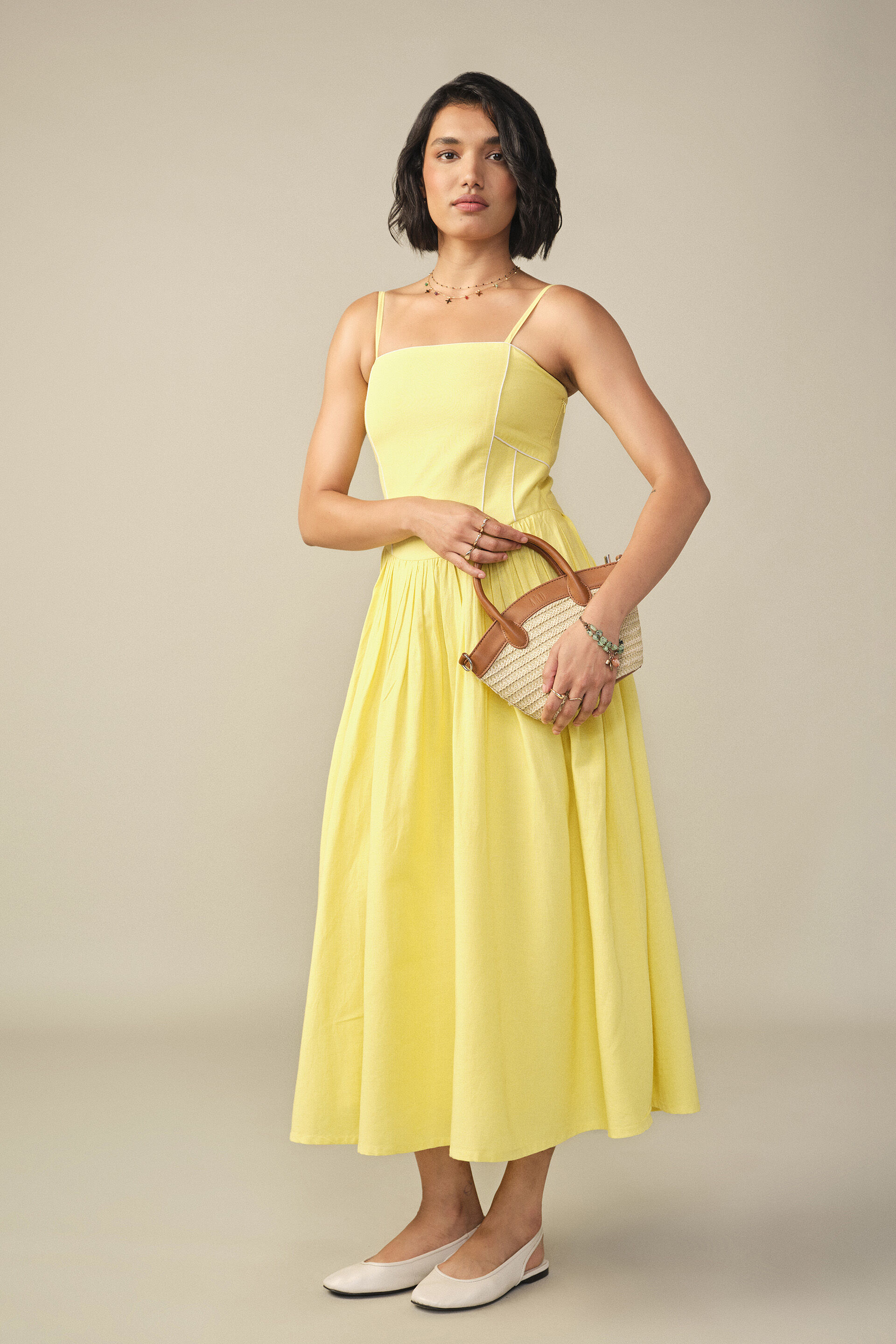 Drop Waist Midi Dress in Yellow
